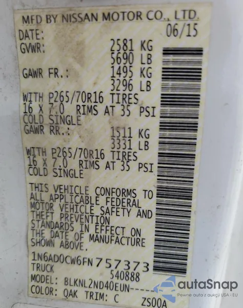 2015 Nissan Frontier Sv z USA, uszkodzony, nr VIN 1N6AD0CW6FN757373